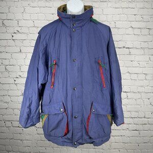 VTG Brambilla Blue Overcoat Corduroy Trim Zip Snap Removable Hood Size Medium M